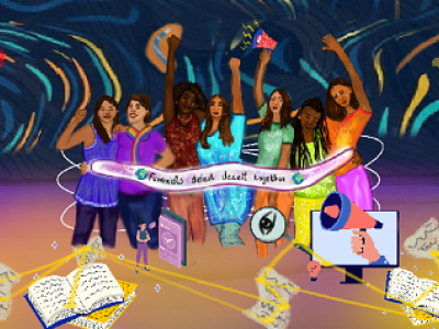 A group of diverse women in the center are surrounded by interconnected ways of publishing information and connection, like books, computers and phones. There are a couple of red flags on the sides, and the banner in the middle says: Feminists defeat deceit together.