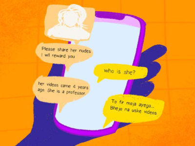 Hand holding a mobile phone with text popping out that asks people to send nude imagery of a professor, promising a reward. 