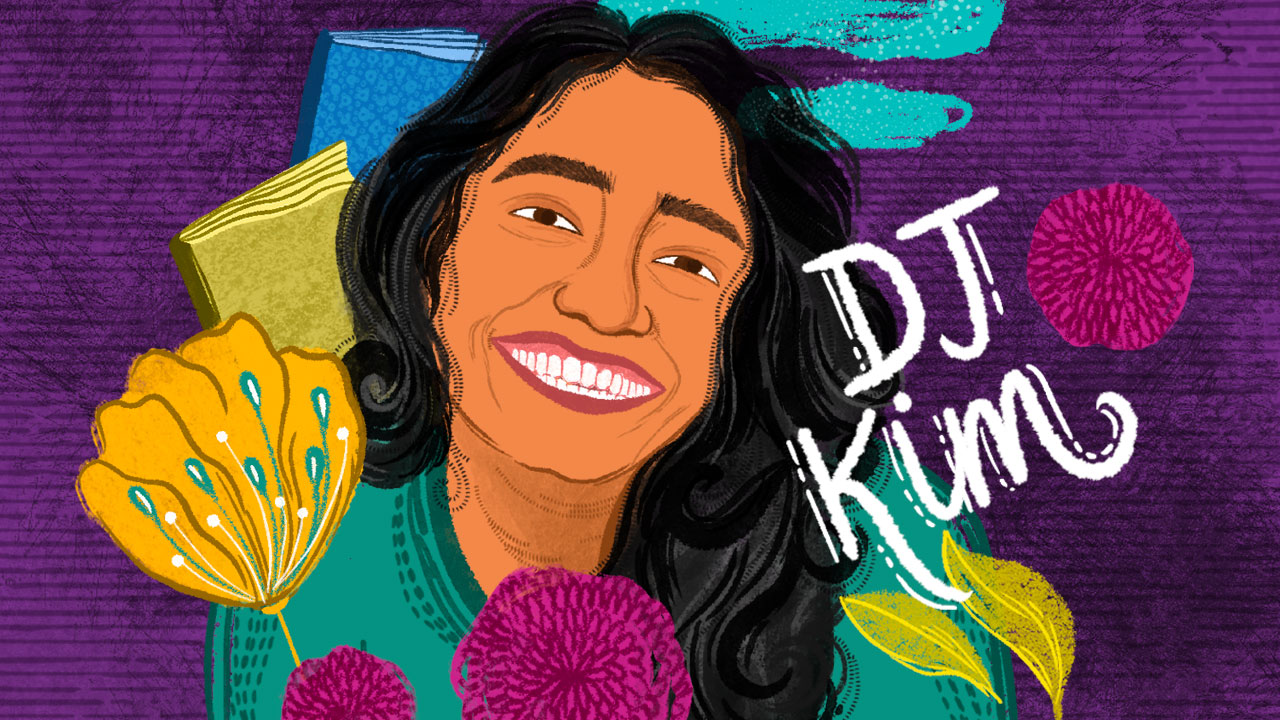 Image is an illustration of a brown-skinned person smiling at the camera. They are wearing a long-sleeved green sweater, and have wavy hair that falls past their shoulders. The image is against a textured dark purple background. There are lighter turquoise clouds right above their head. They are surrounded by the things they love. Above them are blue and yellow books. In front of them is a large yellow flower, and smaller round pink ones. Next to the flowers is a blue pencil, and yellow leaves.