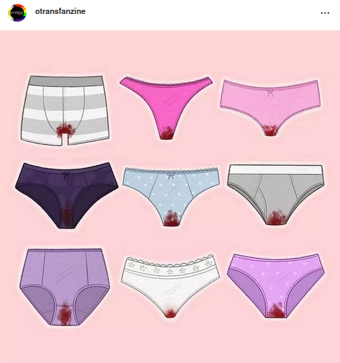 9 calzones de personas menstruantes. Organizados de 3 en 3 formando una cuadrícula. Los calzones están manchados de sangre de la regla.