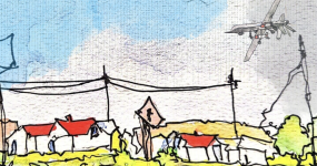 An image of a village drawn in a haphazard way to symbolise the effects of war. There is a plane with missiles flying overhead on the top right corner of the page.
