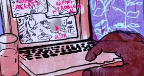 Illustration of a computer screen with a hand typing, exploring options to defend against stalking. Options on the screen include name alert, block and report a problem. A glass of water is on the left side of the computer and a plant is on the right. Illustration by Laura Ibáñez López.