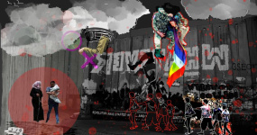 A dark background with smoke from bombings on the top. In the left hand corner below, a woman with a headscarf and a man holding a bundled baby are spotlighted, in the right hand corner outlines of youth and children walking with the energy of resistance in their step. A wall in the background delineates boundary and being closed in. A soldier, a person under attack, a flag, are another part of this collage of images entitled "pinkwash", which also has a pink women's symbol to the left and above.