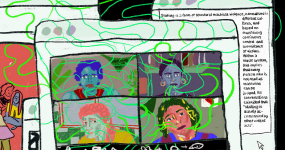 A drawing with four women in squares on a computer screen. Each woman looks different, their hair or faces have tones of purple, blue, pink. Green lines like smoke float from their mouths, forming clouds above, on top of the computer screen and beyond. Behind the screen there is a definition of stalking that their experiencias and ideas are shaping. Artist: Laura Mercedes Ibáñez López