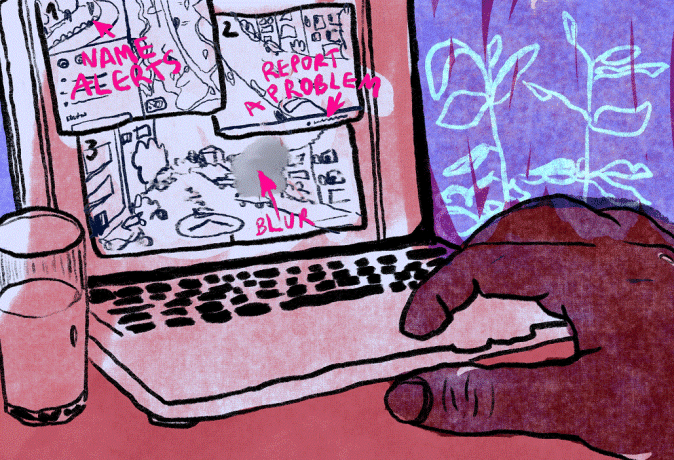 Illustration of a computer screen with a hand typing, exploring options to defend against stalking. Options on the screen include name alert, block and report a problem. A glass of water is on the left side of the computer and a plant is on the right. Illustration by Laura Ibáñez López.