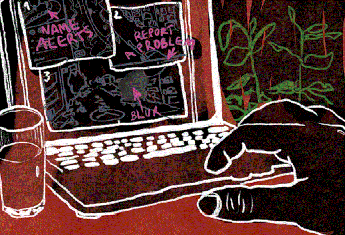 Illustration of a computer screen with a hand typing, exploring options to defend against stalking. Options on the screen include name alert, block and report a problem. A glass of water is on the left side of the computer and a plant is on the right. Illustration by Laura Ibáñez López.