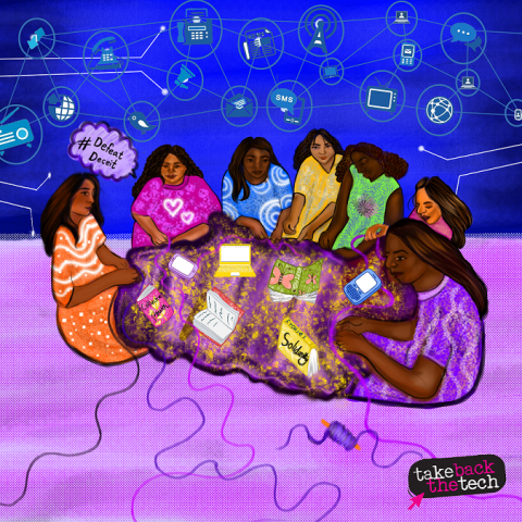 A group of diverse women knitting and embroidering a shared golden rug with a spool of thread on the side, and other loose threads. There are books and digital devices on the rug. Two of the books say 'Solidarity' and 'Collective Feminism'. The background has many icons on a blue sky signifying different communication tools, such as telephones, Instant Messaging, internet, television, cellphones, laptops, etc.