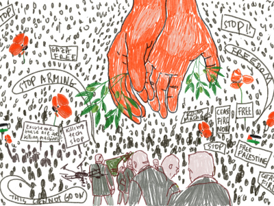A pair of large hands holding olive branches coming down in a crowded hall with Big Tech and Arms Industries personnel in the front and the common masses all around, resisting with Palestinian flags, and sharp words to stop killing and maiming.