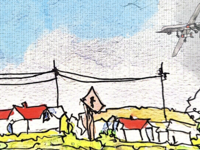 An image of a village drawn in a haphazard way to symbolise the effects of war. There is a plane with missiles flying overhead on the top right corner of the page.