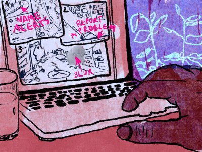 Illustration of a computer screen with a hand typing, exploring options to defend against stalking. Options on the screen include name alert, block and report a problem. A glass of water is on the left side of the computer and a plant is on the right. Illustration by Laura Ibáñez López.