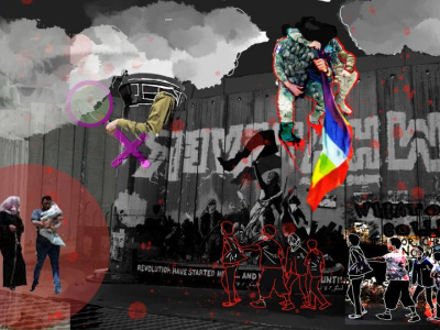 A dark background with smoke from bombings on the top. In the left hand corner below, a woman with a headscarf and a man holding a bundled baby are spotlighted, in the right hand corner outlines of youth and children walking with the energy of resistance in their step. A wall in the background delineates boundary and being closed in. A soldier, a person under attack, a flag, are another part of this collage of images entitled "pinkwash", which also has a pink women's symbol to the left and above.