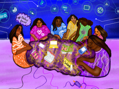 A group of diverse women knitting and embroidering a shared golden rug with a spool of thread on the side, and other loose threads. There are books and digital devices on the rug. Two of the books say 'Solidarity' and 'Collective Feminism'. The background has many icons on a blue sky signifying different communication tools, such as telephones, Instant Messaging, internet, television, cellphones, laptops, etc.